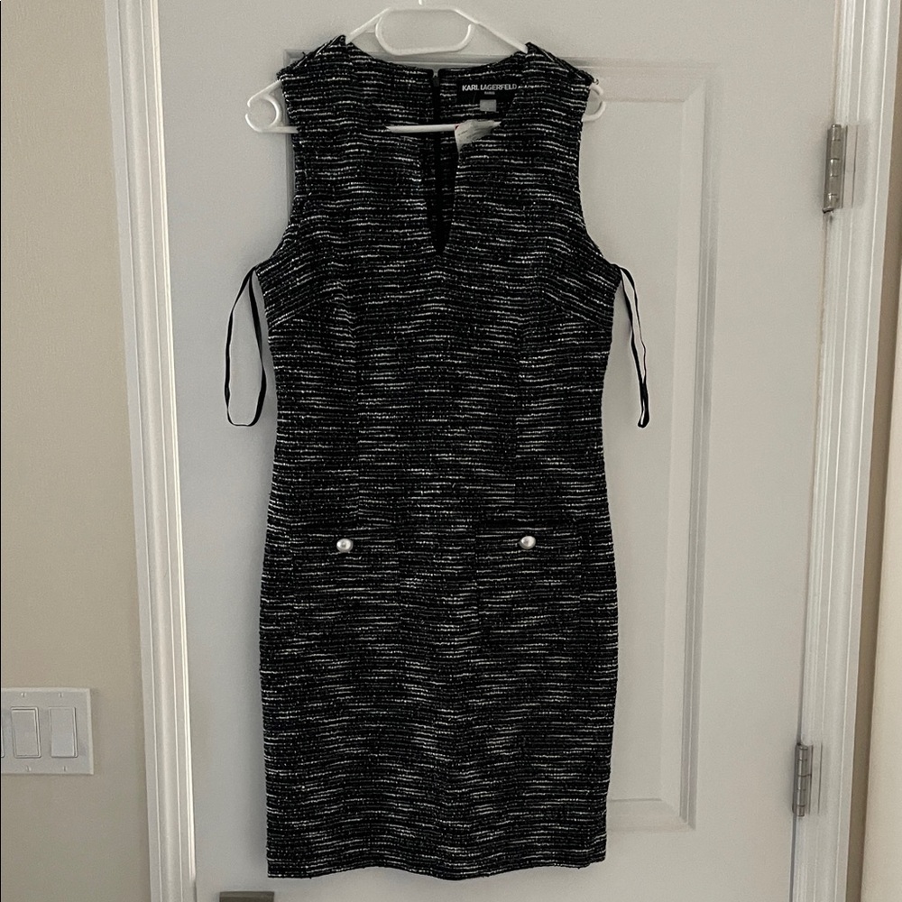 NEW Karl Lagerfeld Black and White Tweed Midi Dress